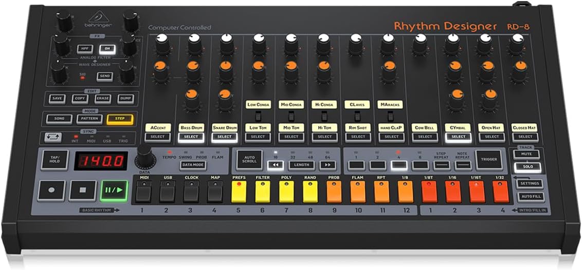 Behringer RHYTHM DESIGNER RD-8 Classic Analog Drum Machine with 16 Drum Sounds, 64 Step Se